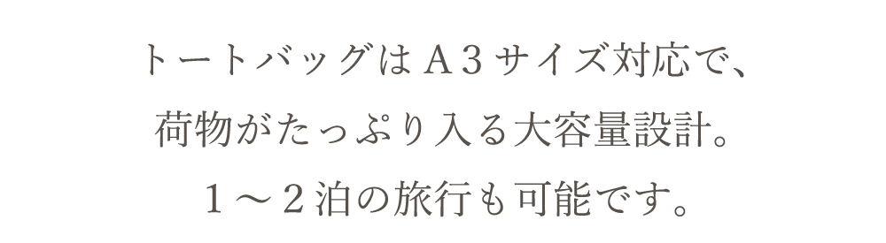 A3サイズ対応、大容量設計、1～2泊の旅行可能